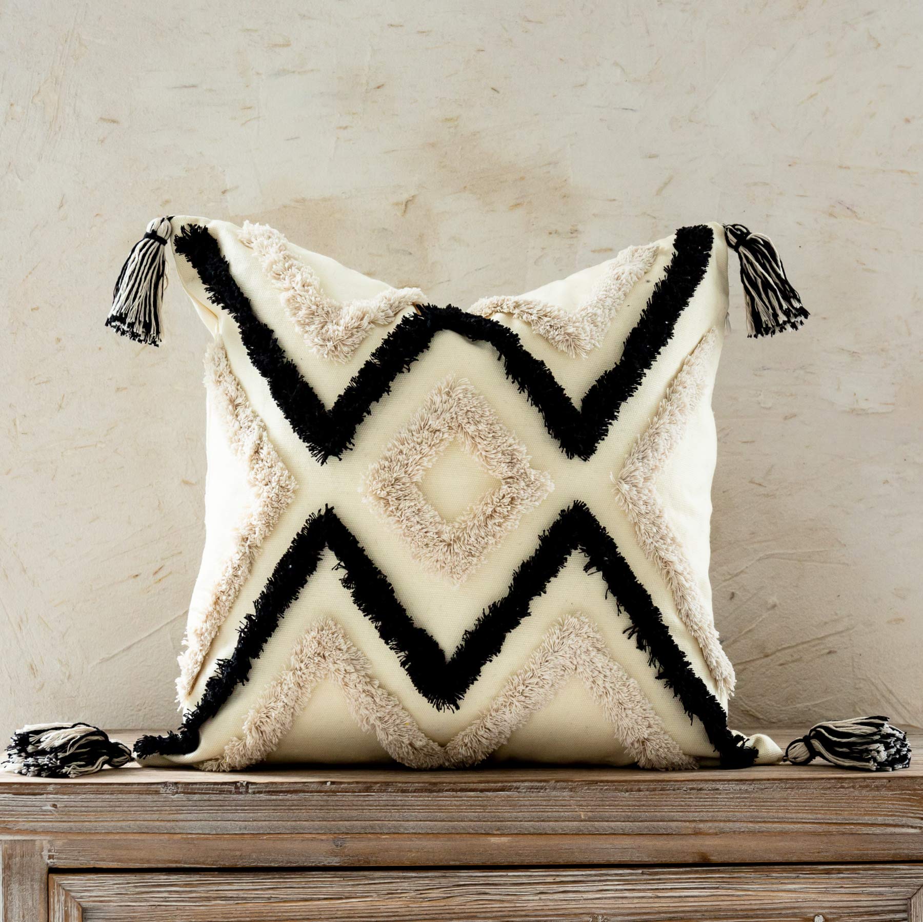 Photo 1 of *covers only* Woven Tufted Boho Throw Pillow Cover, Modern Decorative Geometric Chevron Striped Cushion with Tassels, Farmhouse Tribal Pillowcases for Couch Sofa Bedroom Living Room, 18 x 18 Inches, Black, Ivory
