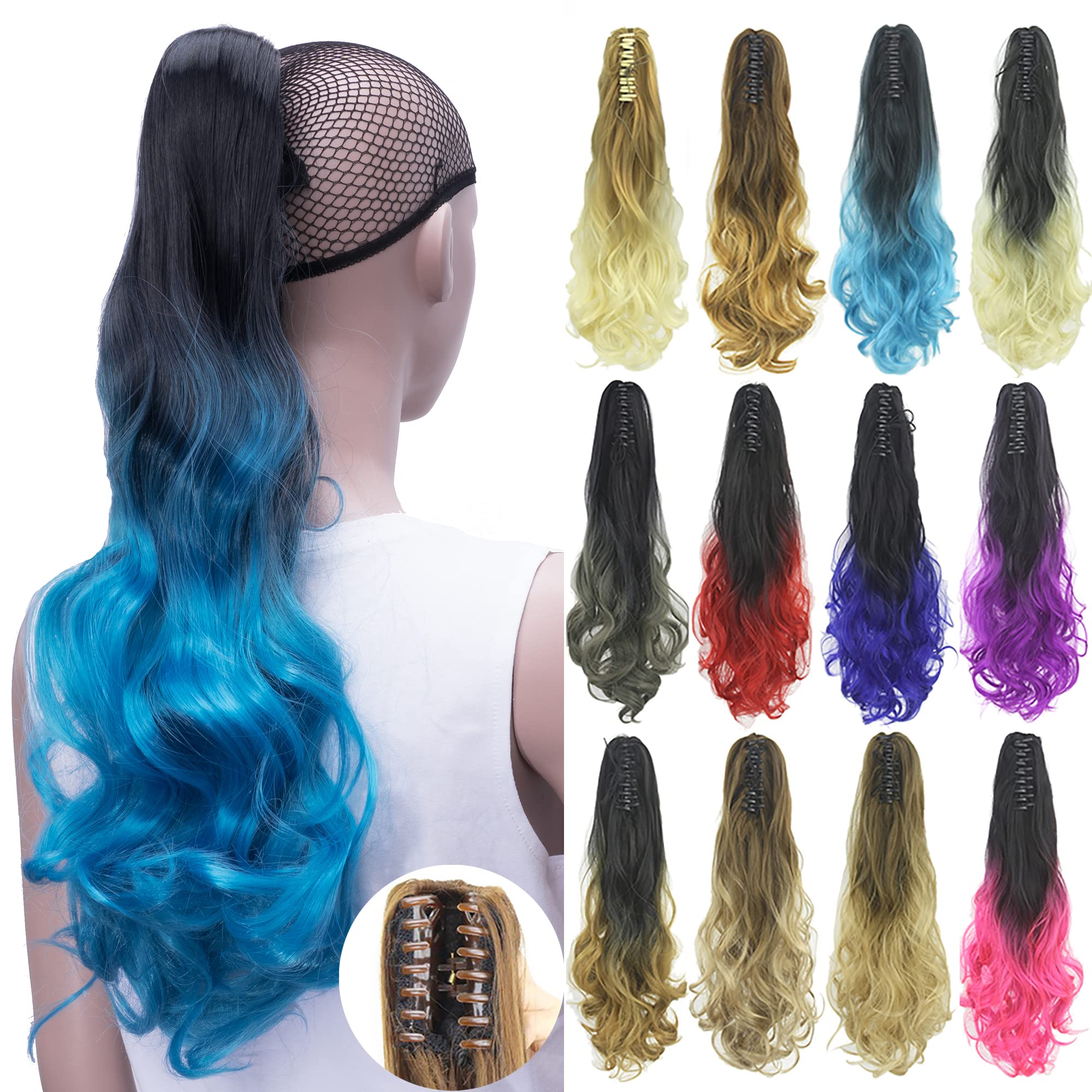 IMISSU Curly Ombre Color Claw Ponytail Hair Extensions Pony Tail Clip in Hairpiece (Ombre Sky Blue)