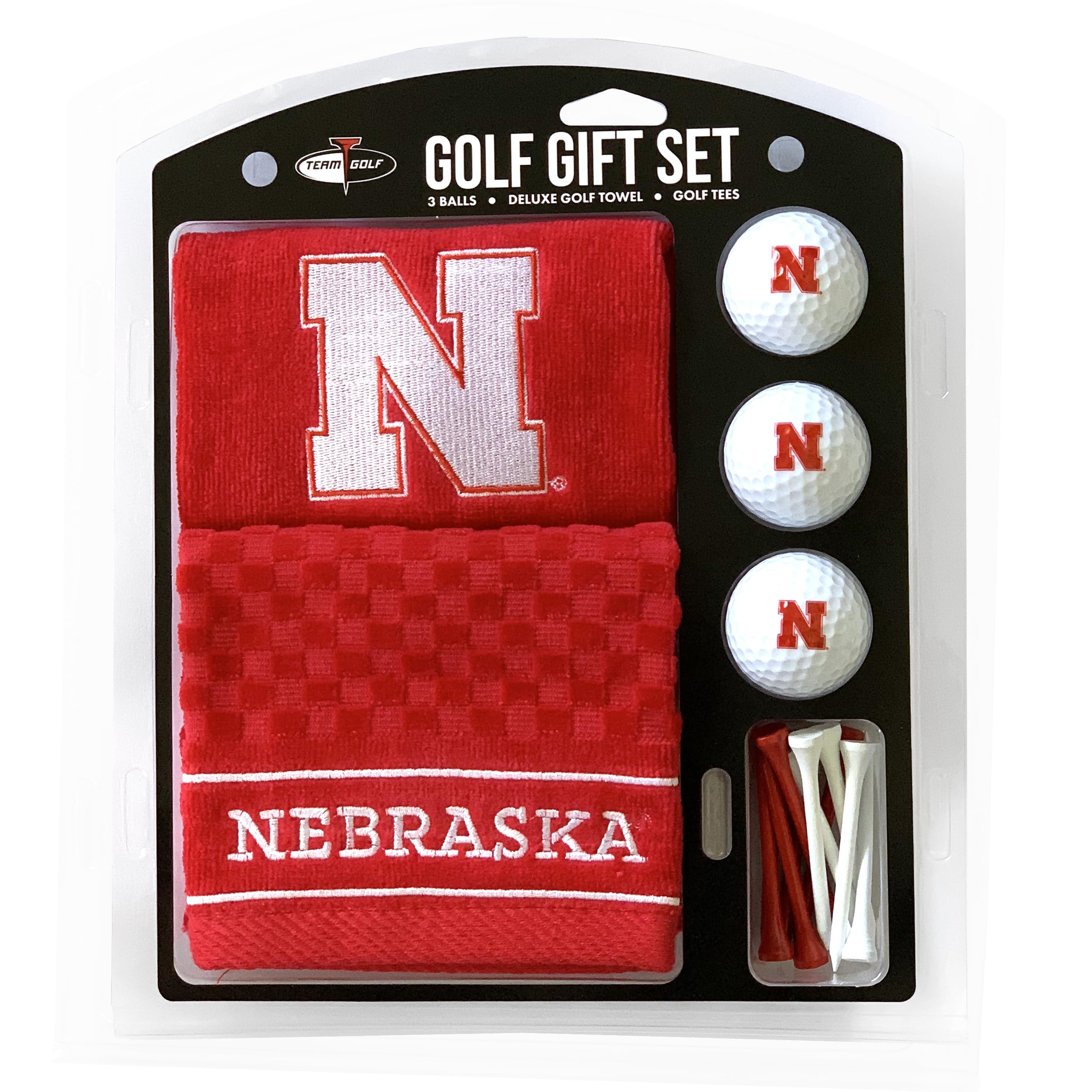 Team Golf NCAA Nebraska Cornhuskers Gift Set: Embroidered Golf Towel, 3 Golf Balls, and 14 Golf Tees 2-3/4" Regulation, Tri-Fold Towel 16" x 22" & 100% Cotton