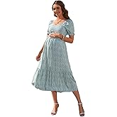 ClearFlower Women's Floral Maternity Dress V Neck Short Puff Sleeve Swing Maxi Dresses Casual for Photoshoot Baby Shower