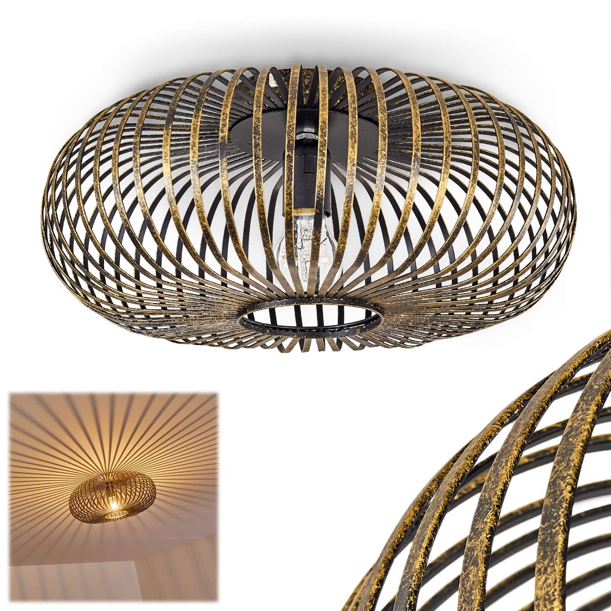 Oravi Ceiling lamp, Round Metal Ceiling lamp in Black/Gold, 1-Flame, E27 Socket, Retro Light with Great Light Effect Due to Lattice Look, Without Bulbs