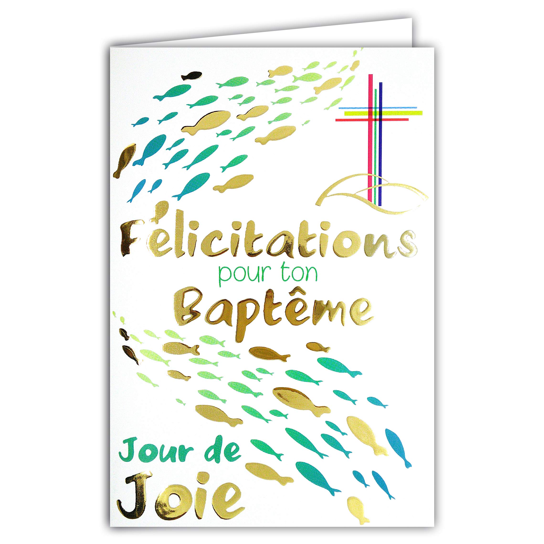 Afie 69-7083 Card Congratulations on Your Christening Catholic Christian Cross Godfather Godmother Party Day Joie Fish Water Blue Gold Gold Made in France