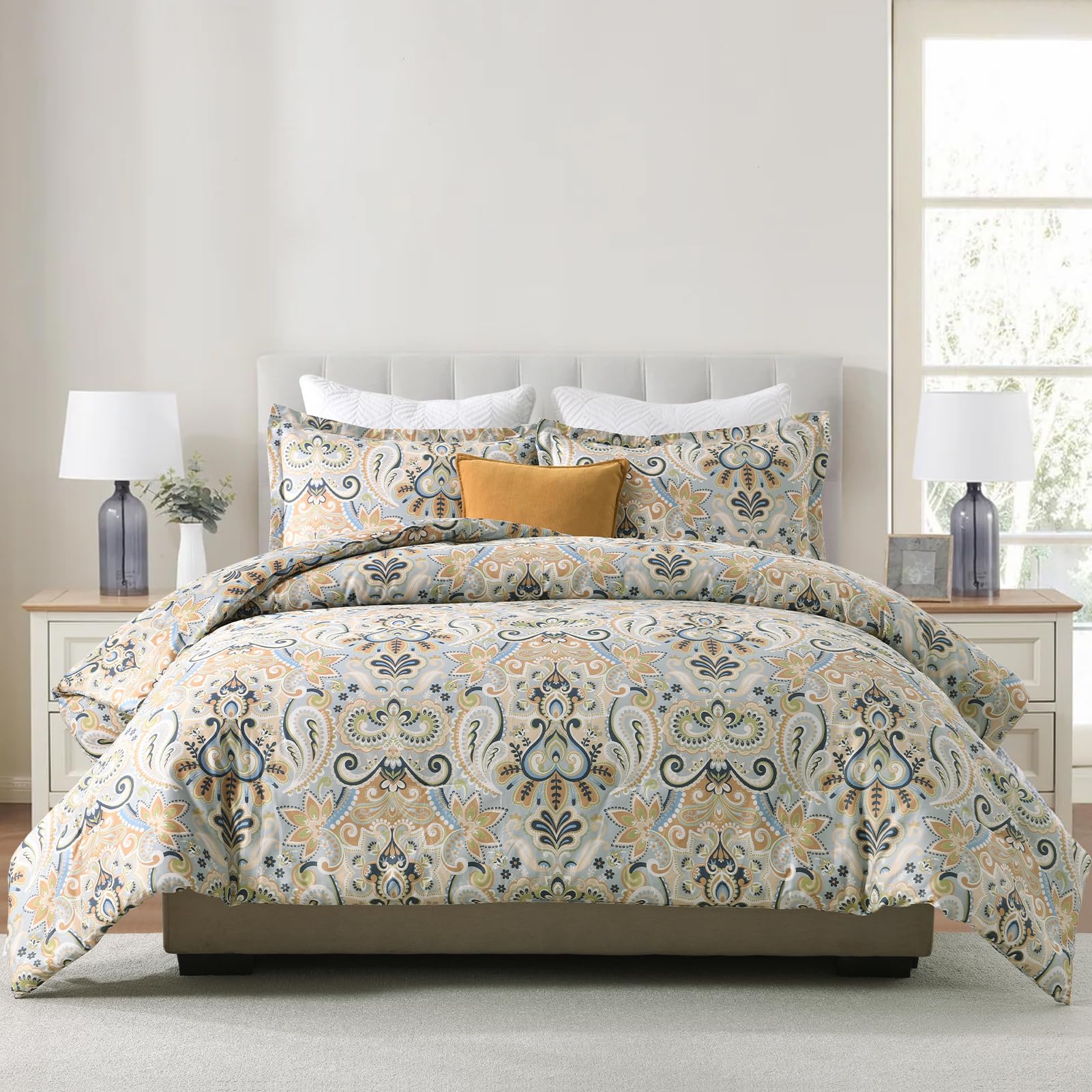 Photo 1 of Finlonte Damask Queen Comforter Set, 100% Cotton Paisley Floral Comforter Bedding Set, Luxury Ethnic Queen Size Bed Set, Fluffy Lightweight Soft Quilted, Grayish Blue/Brown