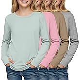 LessonZoo 4 Pack Girls' Cotton Shirts with Thumb Holes Long Sleeve Basic Crew Neck Tops Casual Lightweight Tees 5-14Y