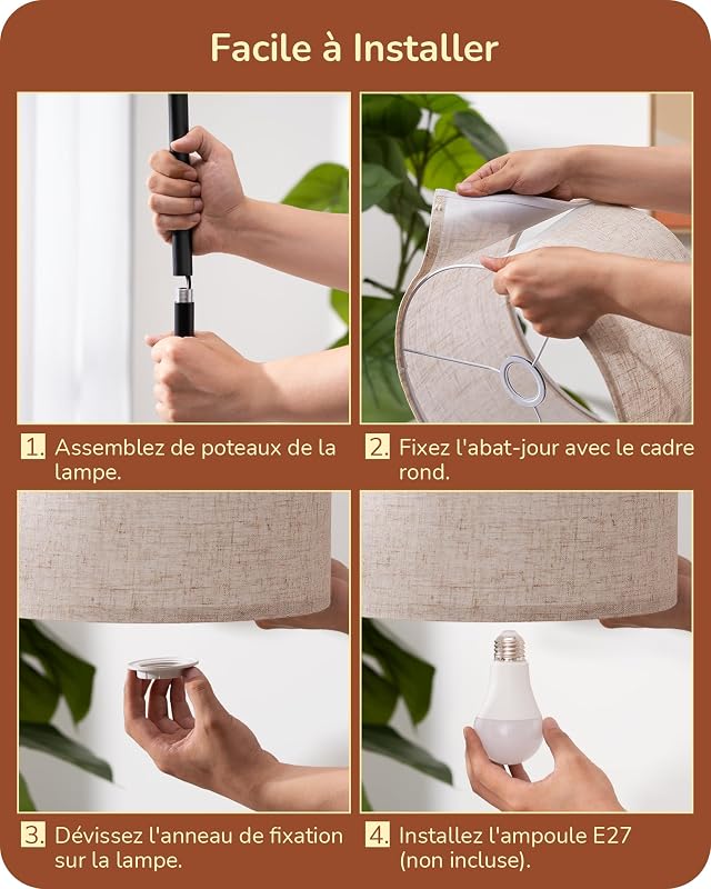 Lampadaire sur Pied Salon avec Abat-jour à Angle Réglable en Lin Beige, E27 Douille, 2700K Ampoule Incluse, Lampe à Pied en Métal avec Interrupteur à Pédale pour Chambre, Salon, Bureau