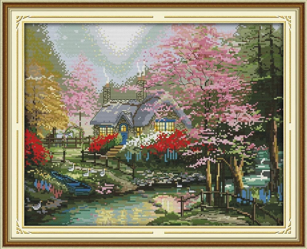 Joyautum The Stream Side Cottage Landscape 14ct Counted Cross Stitch kit 11ct Printed Stamped Fabric Embroidery DIY Needlework Wall Decor (14ct Blank Fabric)
