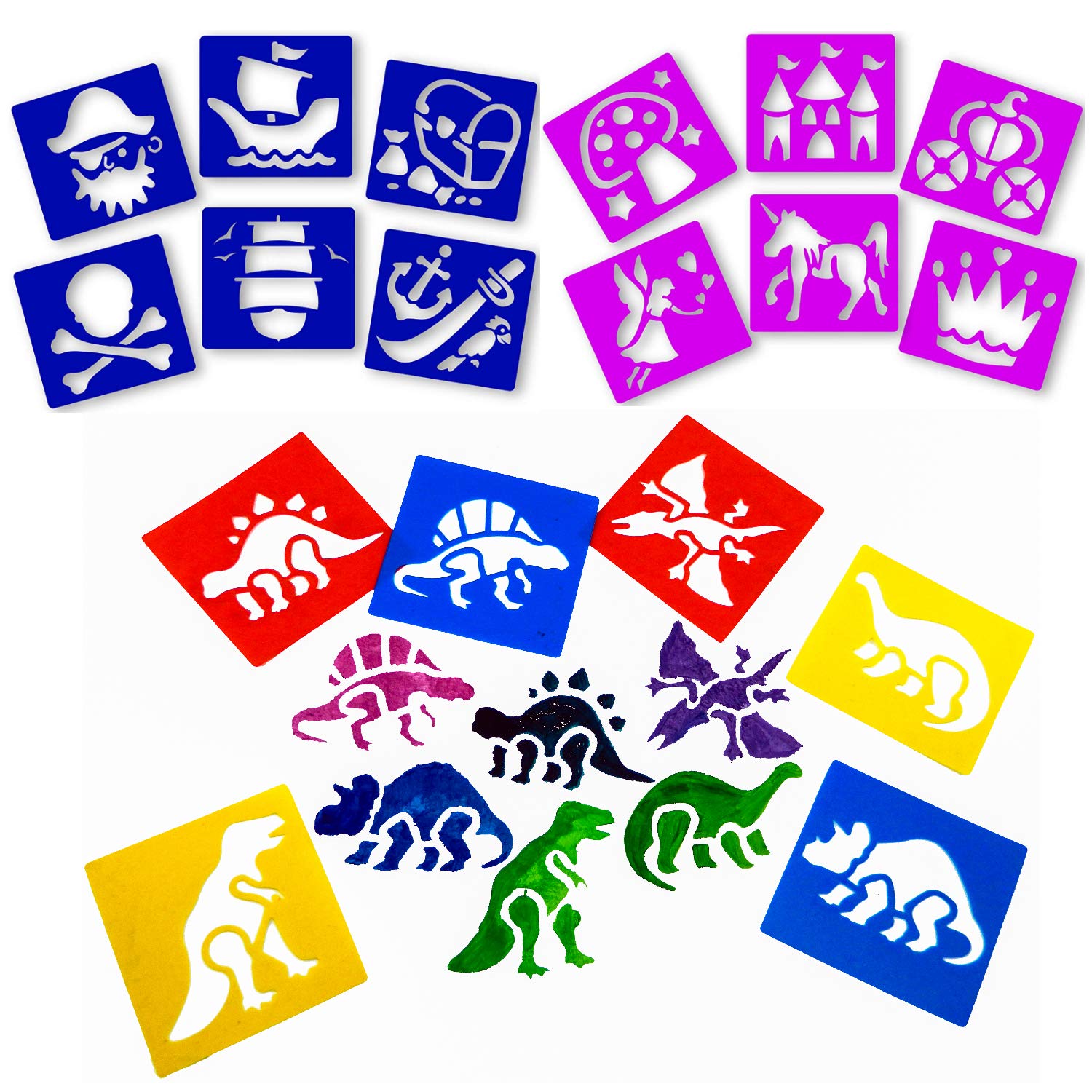 Stencils for Kids – 18 Reusable Plastic Drawing Templates (Dinosaur, Fairy & Pirate Designs) | Washable 15cm x 15cm Flexible Art Stencils for Craft & School Projects