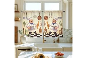 Chef Kitchen Curtains, Culinary Fanciful Pot Bread None Cream Kitchen Drapes for Windows for Laundry Room Sink Area Hallway A