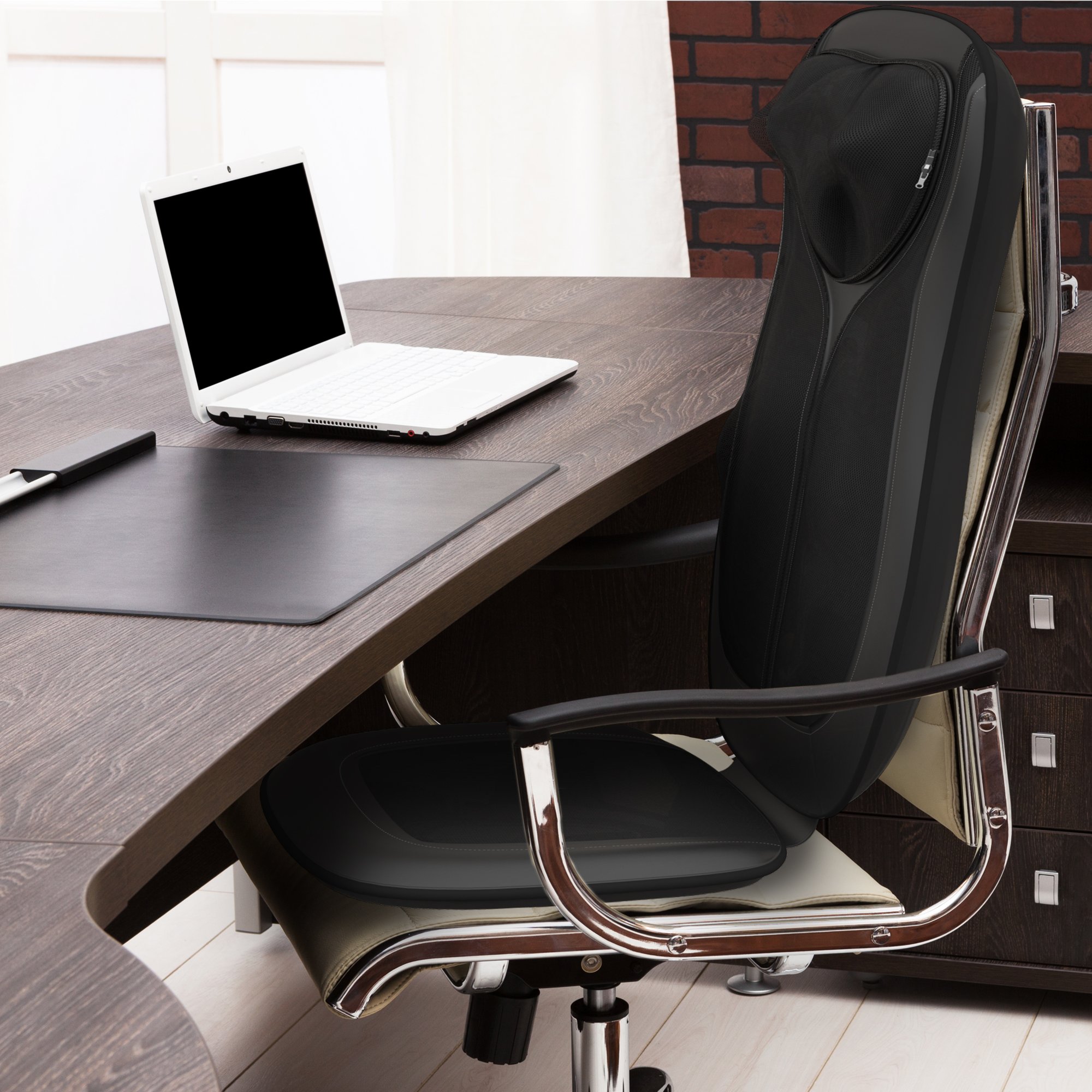 Gideon Luxury Six-Program Fully Customizable Back and Neck Massaging Cushion with Heat / Shiatsu Deep Kneading, Rolling and Vibrating – Massage Sitting Area, Full Back and Neck