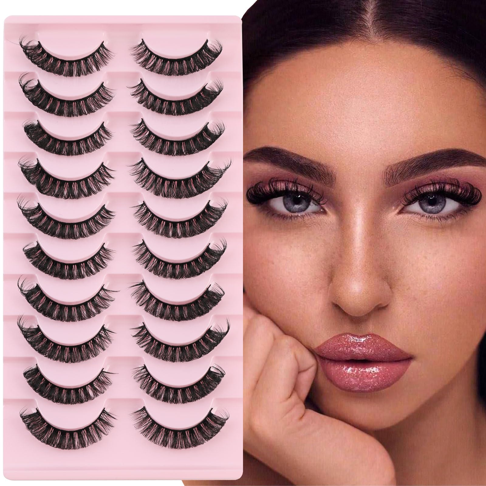 Russian Strip Eyelashes Natural Look D Curl Lashes Cat Eye Faux Mink Fluffy Wispy 3D Effect Volume Fake Eyelashes Hybrid Lightweight 10 Pairs Kit False Lashes for Beginners
