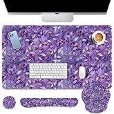Britimes Purple Oil Painting Leaves Keyboard Mouse Pad Set Plant 4in1 Large Mousepad+Keyboard Wrist Rest+Mouse Wrist Rest+Coaster Ergonomic Design for Home Office Computer 35.4x15.7 inches