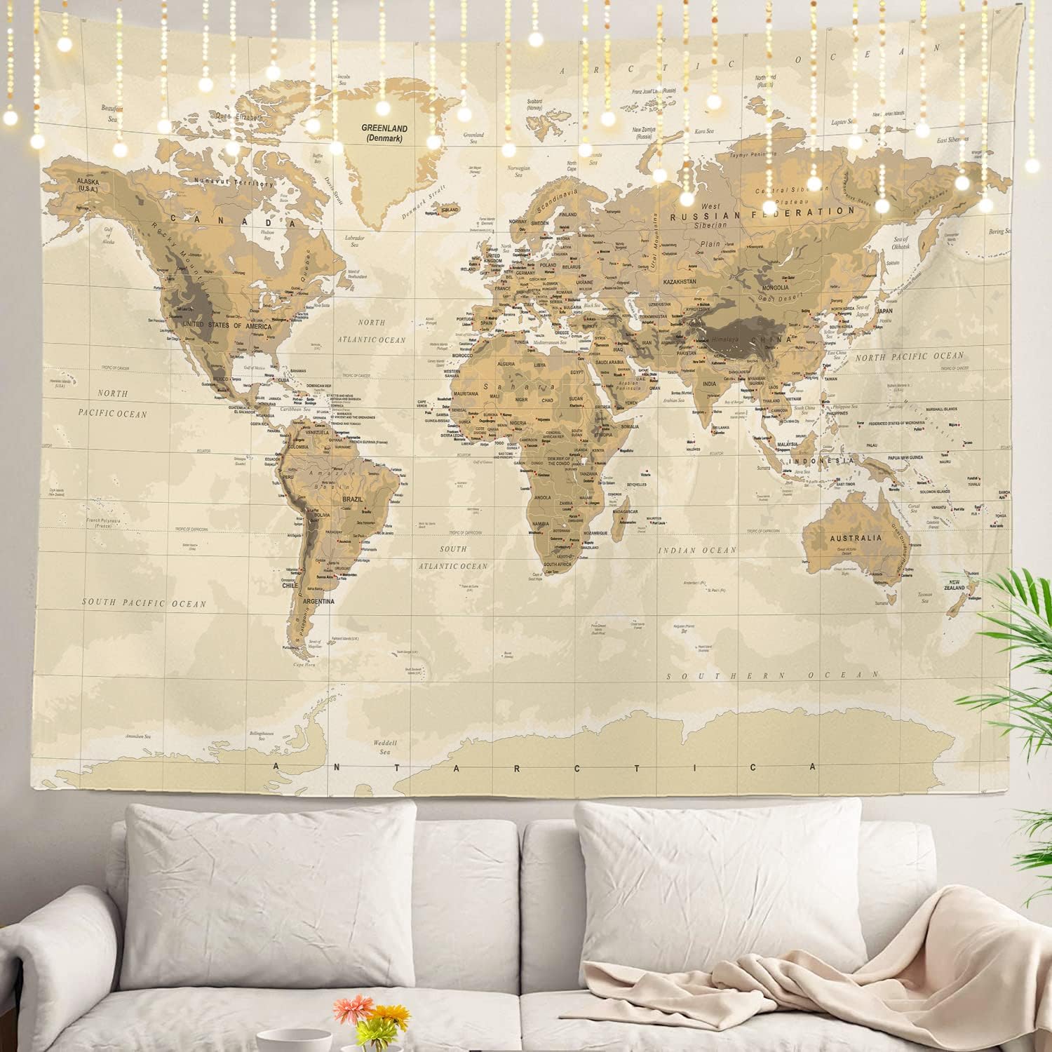 Tapestries - Shrahala Vintage Map Wall Tapestry, Canada Physical World Map Ocean Mediterranean Wall Hanging Large Tapestry Decoration Polyester Fiber White Hem Around for Dorm Room Bedroom 59.1 x 82.7 in