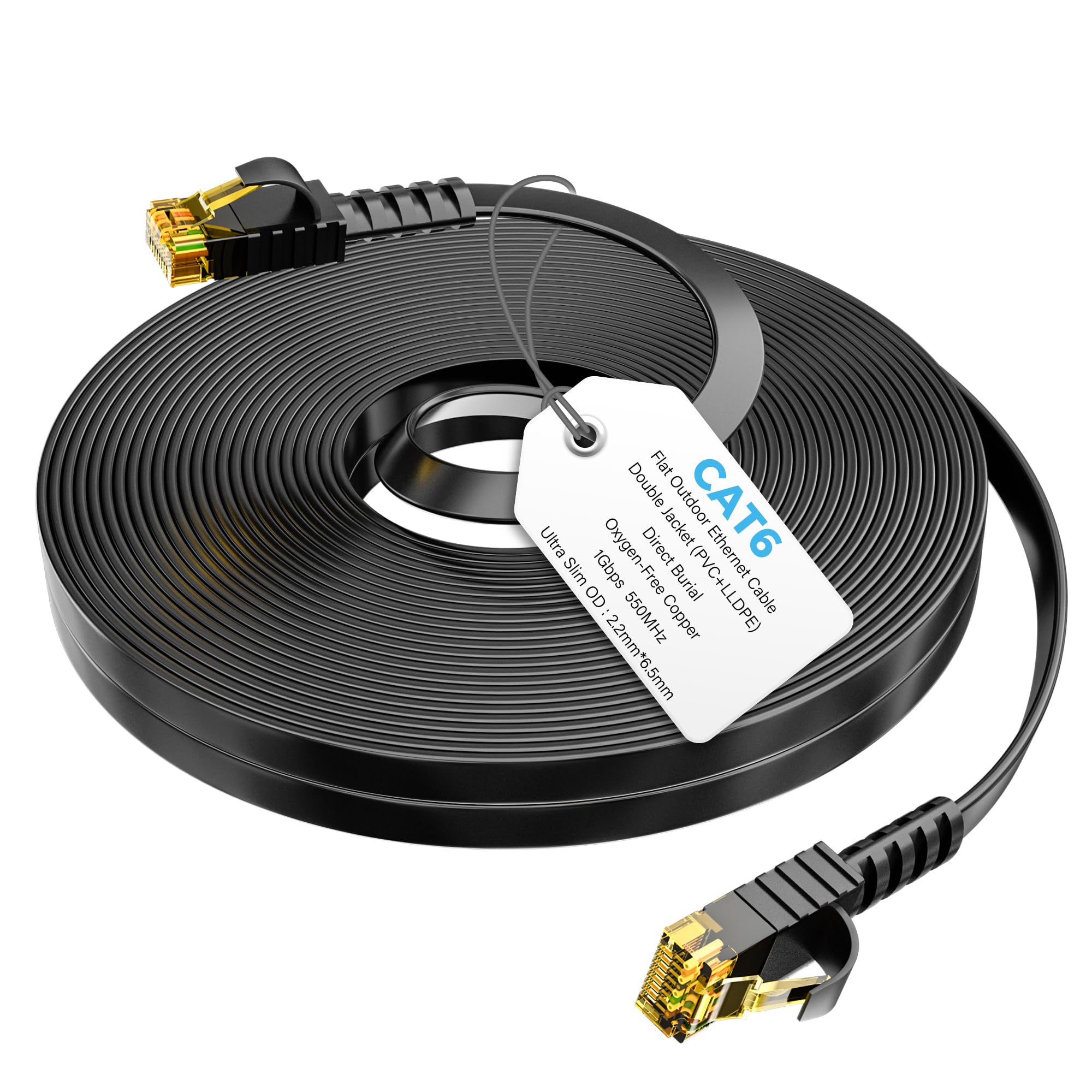 Photo 1 of Flat Cat6 Outdoor Ethernet Cable 50 FT, Double Jacket (PVC+LLDPE) for Outdoor & Indoor, OFC Oxygen-Free Copper, Waterproof, Direct Burial, UV Resistance, PoE, Network, Internet, Ultra Slim Cable
