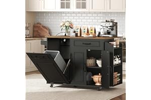 RALGEND Kitchen Island with Power Outlet & Drop Leaf, Mobile Rolling Cart with Trash Can Storage, 3-Tier Spice Rack,Island Table for Kitchen, Dining Room, Black and Rustic Brown