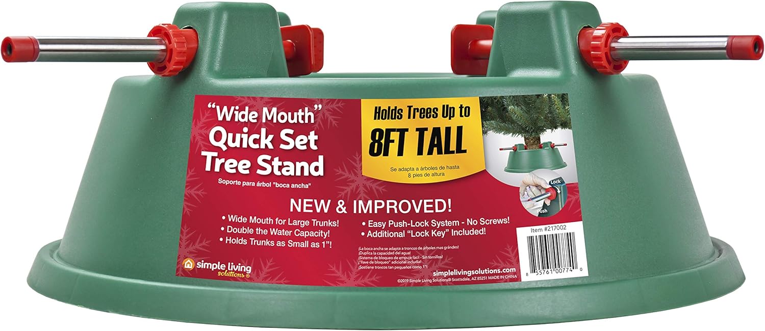 Tree Stands - Simple Living Solutions Medium Quickset Christmas Tree Stand, for Trees up to 8ft, Holds 1.6 gallons of Water, Quick and Easy Push-Lock System, 20.5in L x 20.5in W x 7.7in H, Green