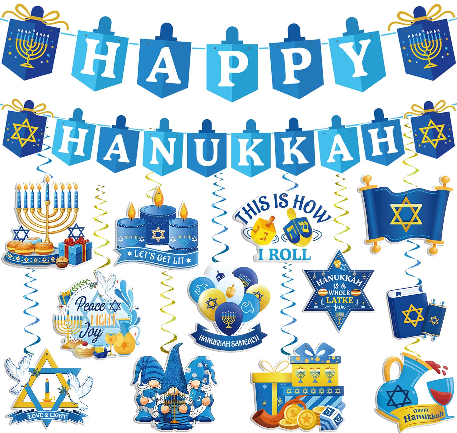 View 1 of 14PCS Hanukkah Decorations Blue and White Happy Hanukkah Banner and Hanging Swirls Need DIY Chanukah Party Decor for Outdoor Indoor Decorations