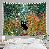 LIANGW Cute Cat Tapestry for Bedroom, Black Cat Home Decor, Flower Tapestry Anime Tapestry Wall Hanging with, Cats Wall Art for Bedroom Dorm Office Decor 50x60 Inch
