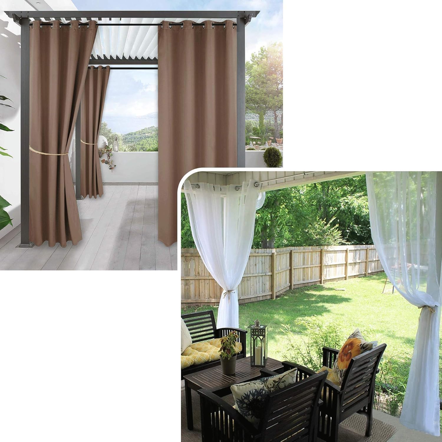RYB HOME Outdoor White Sheer Curtain Bundles Waterproof Blackout Curtain