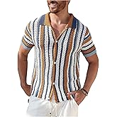 BEAUDRM Men's Striped Crochet Shirt Hollow Out Button Down Short Sleeve Collared Knit Tops