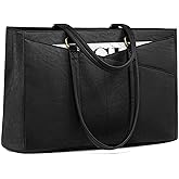 LOVEVOOK Vintage Leather Work Tote - 17.3 Inch Laptop Bag for Women, Waterproof Business Bag, Retro Black