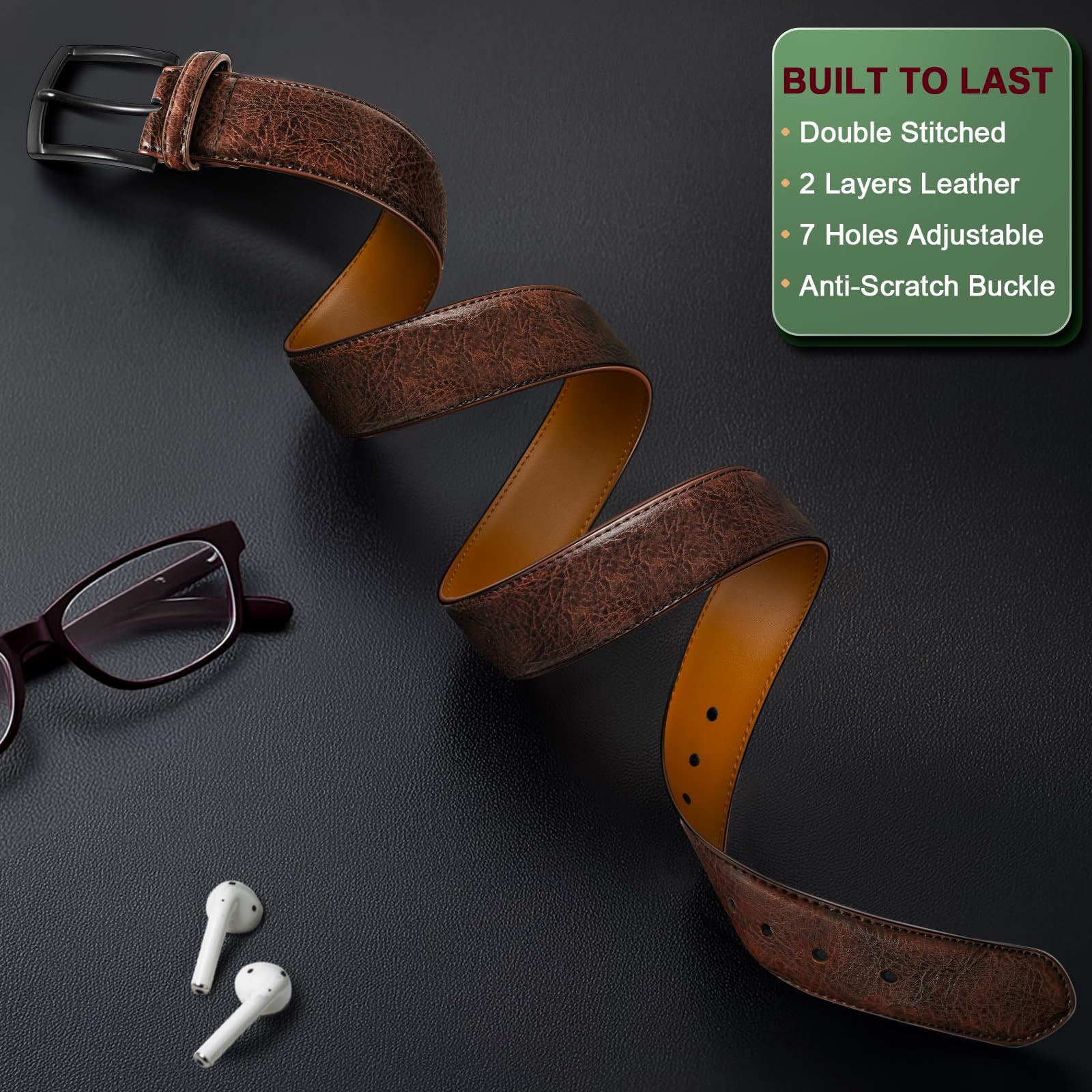 BULLIANT Men Belt 2Pack-Leather Belt 7Holes Comfortable For Men's Dress Casual Jeans 1 3/8