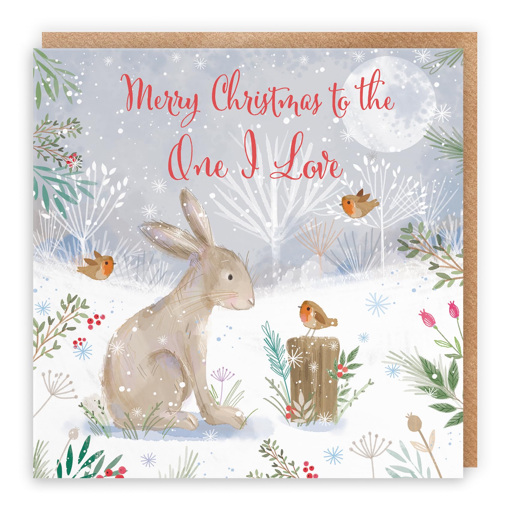Hunts England - One I Love Cute Hare Christmas Card - Nature's Treasures - For Him, Her, Men, Women - Animal Wildlife Cute Merry Xmas Card - Robins And Snow - For Boyfriend, Girlfriend, Partner, etc.