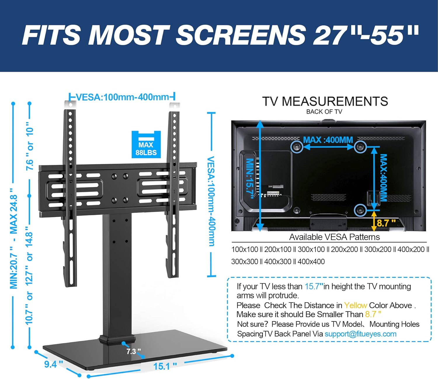 FITUEYES Universal TV Stand Table Top TV Stand for 27-55 inch LCD LED TVs 6 Level Height Adjustable TV Base with Tempered Glass Base VESA 400x400 Holds up to 88lbs TT103701GB: Furniture & Decor