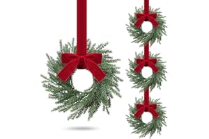 Luinabio 4 Pcs Small Christmas Norfolk Wreaths Evergreen 12.6 Inch Christmas Kitchen Cabinet Mini Wreaths Real Touch with Bow and Burgundy Ribbon for Xmas Front Door Window Home Table Pillar Decor