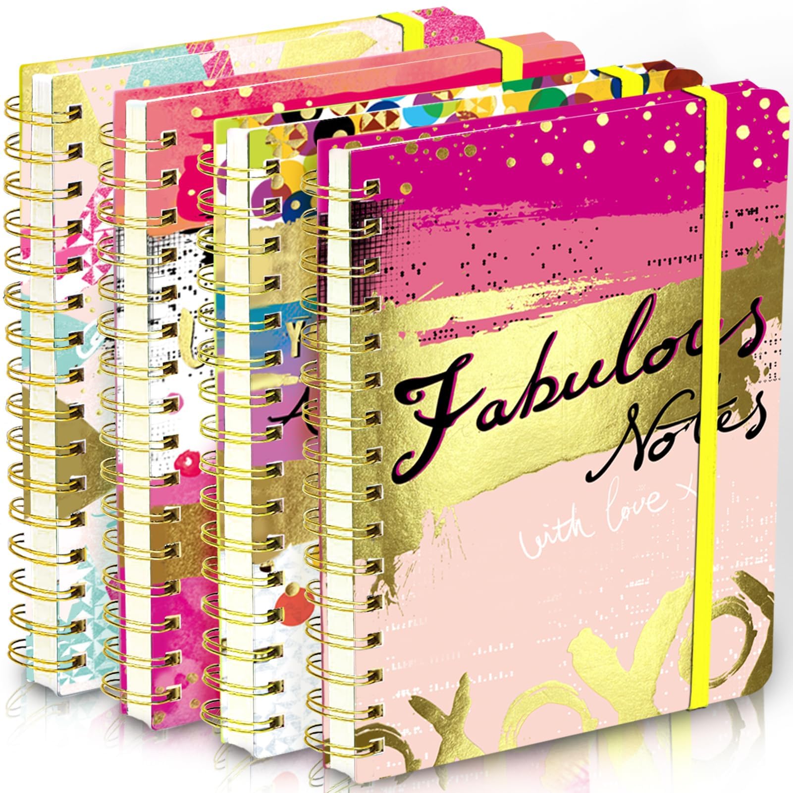 DWIYITTN A5 Spiral Notebook for Women, 4 Pack Hardback Notebook Gift Set 160 Lined Pages Spiral Bound with Elastic Closure for School College Work Home to Write Note Taking （Pink）