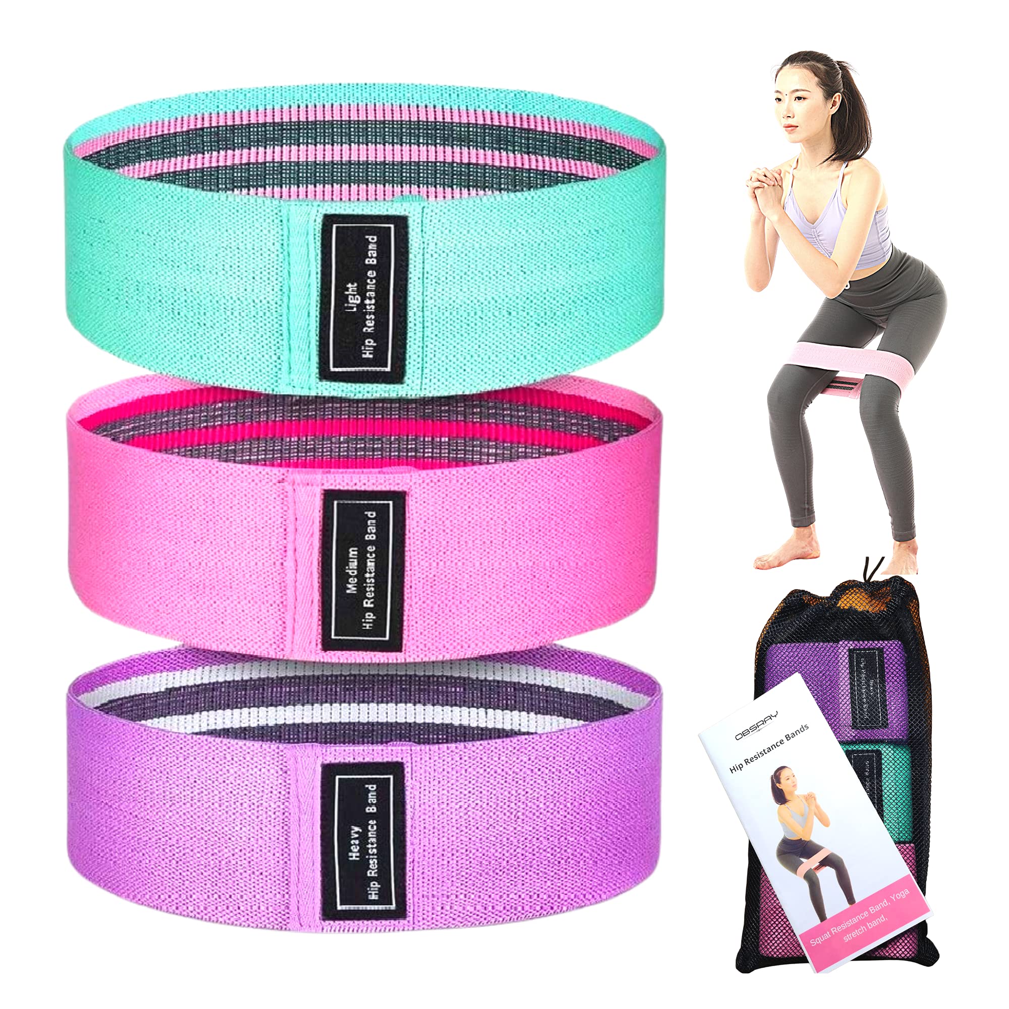 Exercise Resistance Bands Set, 3 Packs for Men/Women, Non-Slip Fabric with 3 Resistance Levels, Ideal for Squat, Booty, Glute, Lunges, Hips Thigh and legs, Yoga exercise
