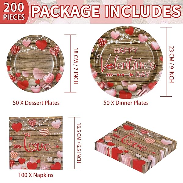 200PCS VALENTINE’S DAY DECORATIONS HAPPY VALENTINE PLATES AND NAPKINS VINTAGE WOOD RED LOVE HEART DECORATIONS FOR VALENTINES DAY ROMANTIC WEDDING ANNIVERSARY ENGAGEMENTS PARTY SUPPLIES SERVES 50