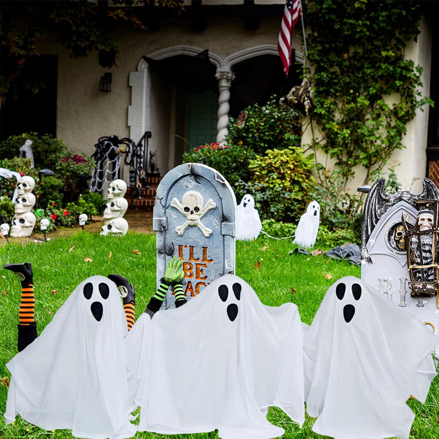 PRAISUN Halloween Yard Ghost Stake with Shining Face, Set of 3, Halloween Outside Yard Decorations, Lawn Yard Decorations, Trick or Treating: Garden & Outdoor