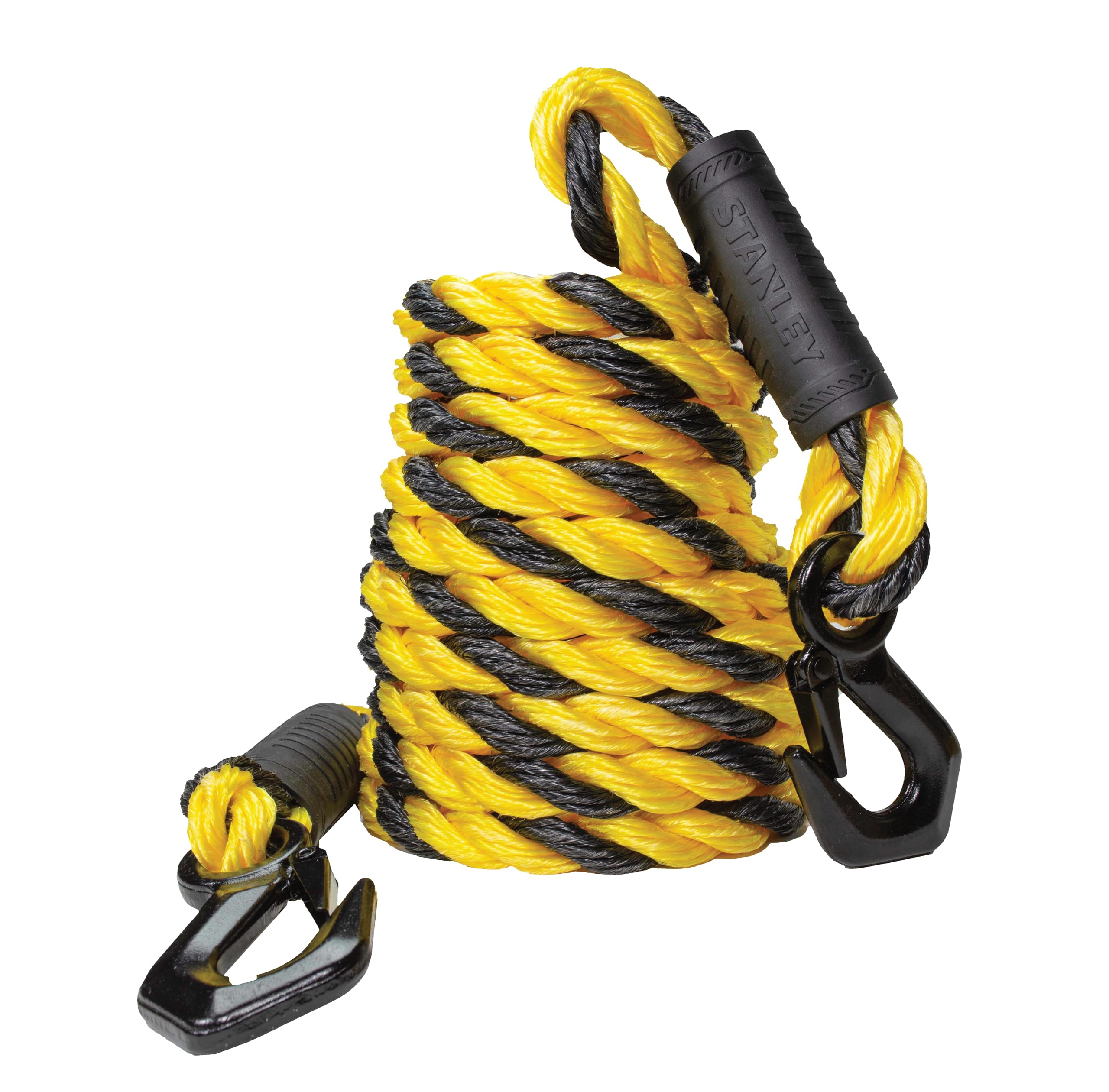 Stanley S1052 Black/Yellow 5/8" x 15' Poly-Blend Braided Tow Rope with Heavy Duty Tri-Hook (7,200 lbs Break Strength)