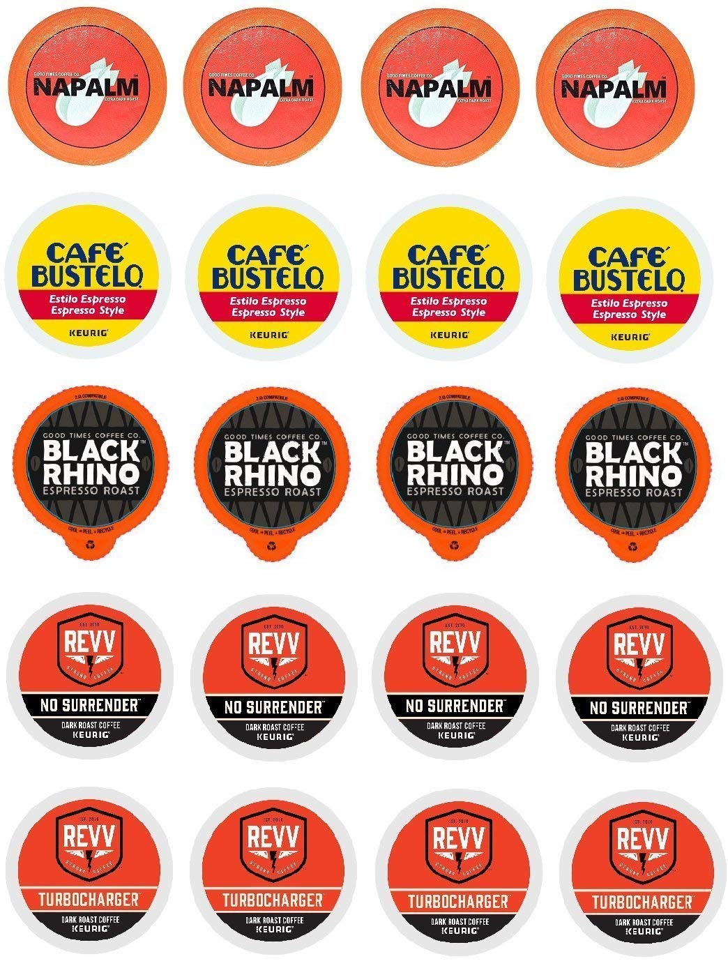 High Octane Variety K-cup Sampler Pack for Keurig 2.0 - Napalm, Caf&eacute; Bustelo Espresso, Black Rhino, Revv No Surrender, & Revv Turbocharger - 20 Count 5 Varieties