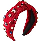 Gmmidea 4th of July Headband for Women Girls American Flag Jeweled Knotted Headband Rhinestone Star Flag Patriotic Hairband Wide Top Cute Independence Day Head Band A-Red