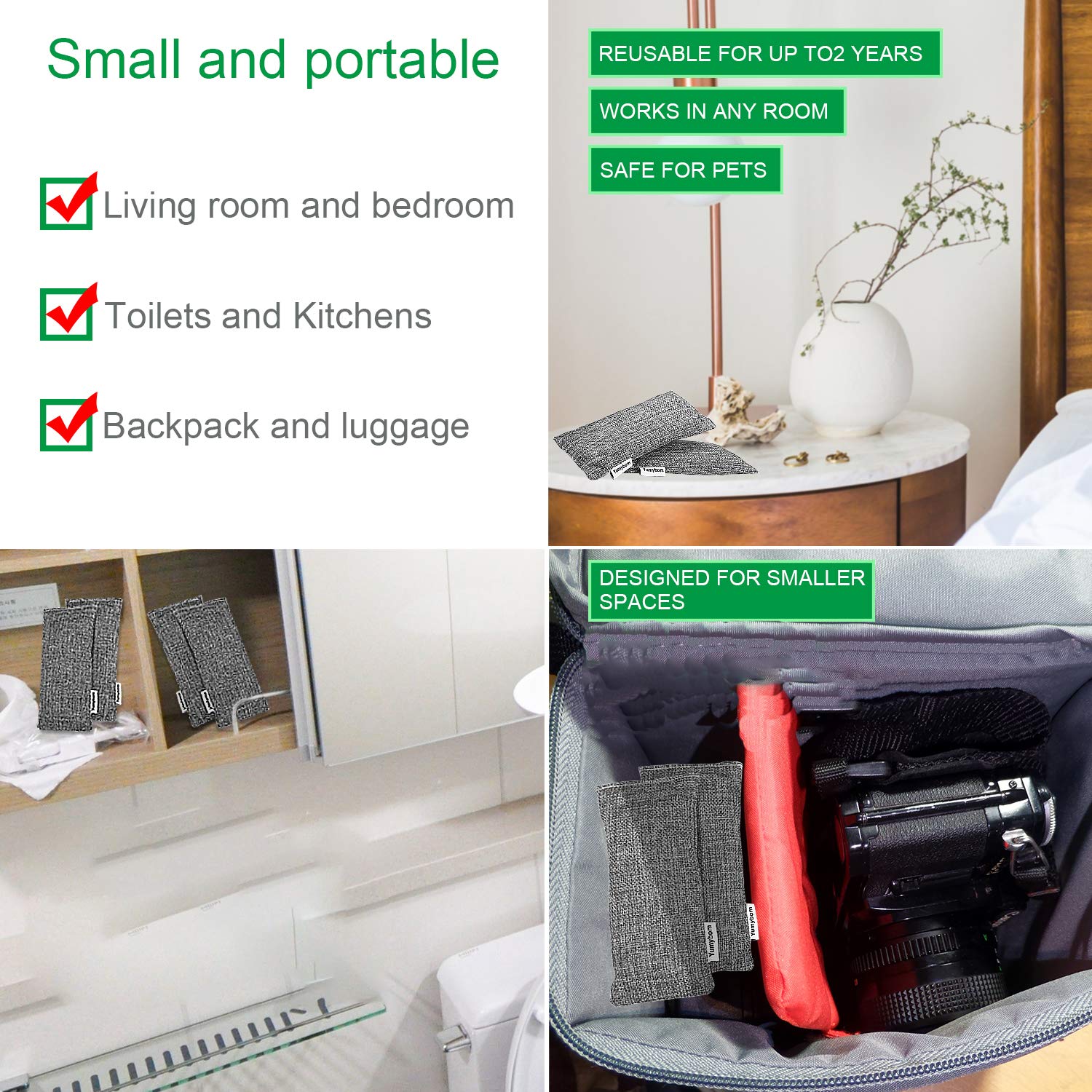 Natural Activated Bamboo Charcoal Bags 4 Pack, Home Air Purifying Bag, Car Odor Eliminator, Shoe Deodorizer, Closets Odor Absorber