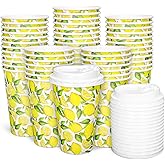 Whaline 50 Pcs Summer Lemon Coffee Paper Cups Watercolor Yellow Lemon Fruit 16oz Disposable Cups with Lids for Hot Cold Drinks Birthday Holiday Party Supplies
