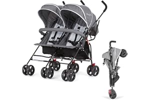 Dream On Me Volgo Twin Umbrella Stroller in Gray, Lightweight Double Stroller for Infant & Toddler, Compact Easy Fold, Large Storage Basket, Large and Adjustable Canopy