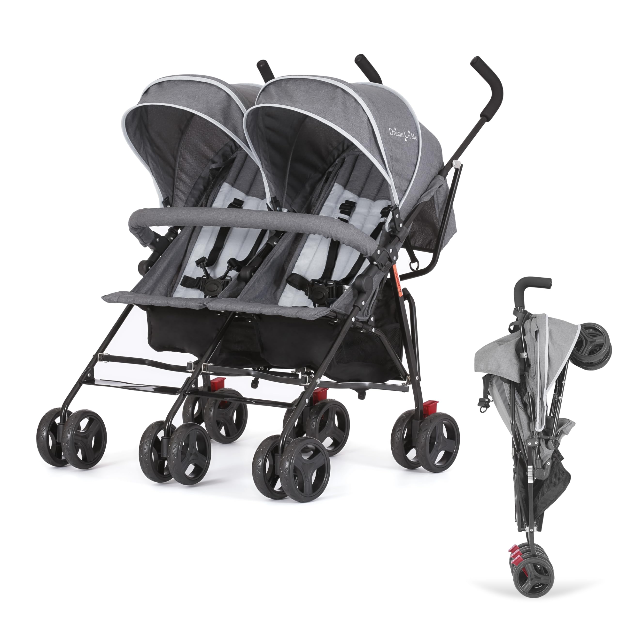 Photo 1 of Dream On Me Volgo Twin Baby Stroller, Lightweight Side-by-Side Double Umbrella Stroller with Adjustable Canopy, 5-Point Harness, Storage Basket & Travel-Friendly Fold – Dark and Light Grey