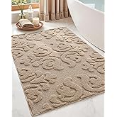 DEXI Bathroom Rug 17x30, Non Slip Washable Bath Mat for Shower Floor, Absorbent Soft Bathmat with Rubber Backing, Plush Fluffy Microfiber Floral Retro Carpet, Beige