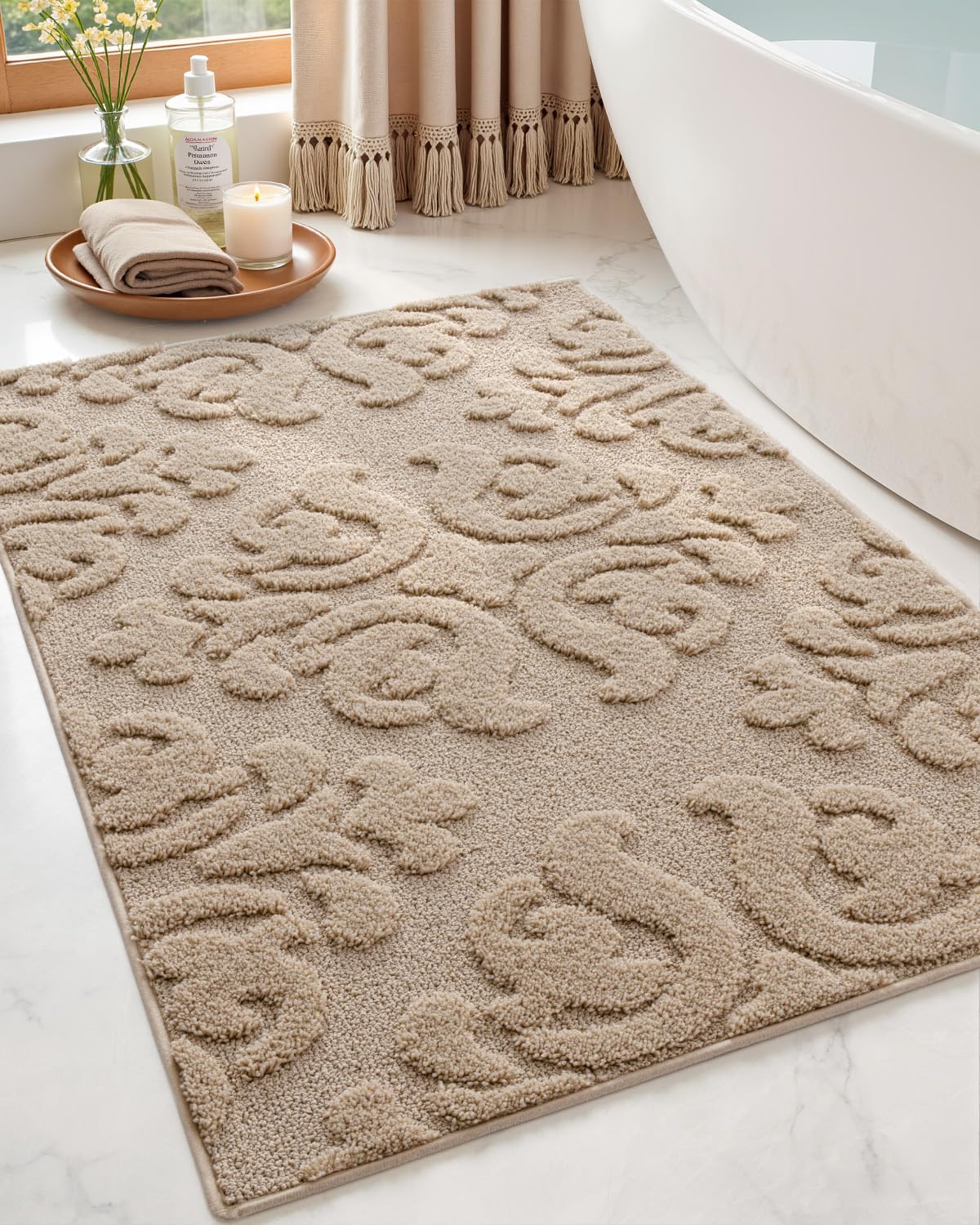 Photo 1 of DEXI Bathroom Rug 24x36, Non Slip Washable Bath Mat for Shower Floor, Absorbent Soft Bathmat with Rubber Backing, Plush Fluffy Microfiber Floral Retro Carpet, Beige