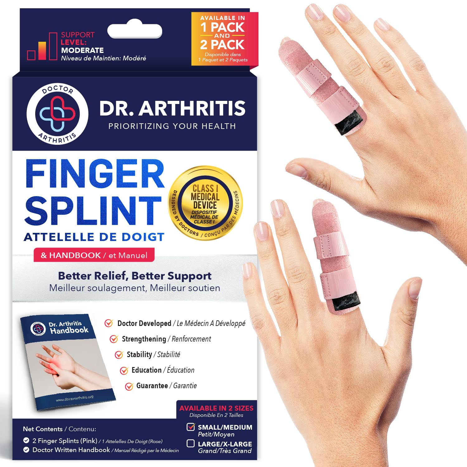 Dr.Arthritis Doctor Developed Finger Splint & Doctor Handbook, Trigger Finger, Splints & Supports Index, Middle, Ring & Pinky Finger - Padded Finger Splints (Pink, L/Xl, 2 Pack)