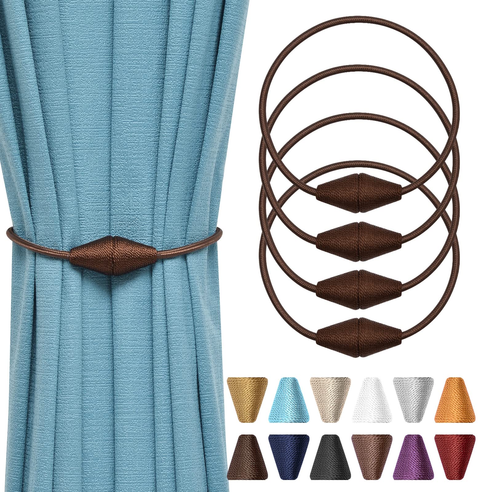 Pretty Jolly 4 Pack Upgrade Magnetic Curtain Tiebacks Handmade Weave Rope Curtain Holdbacks Convenient Decorative Cone Curtain Drape Tie Backs for Home & Office Window Drapery (Deep coffee)