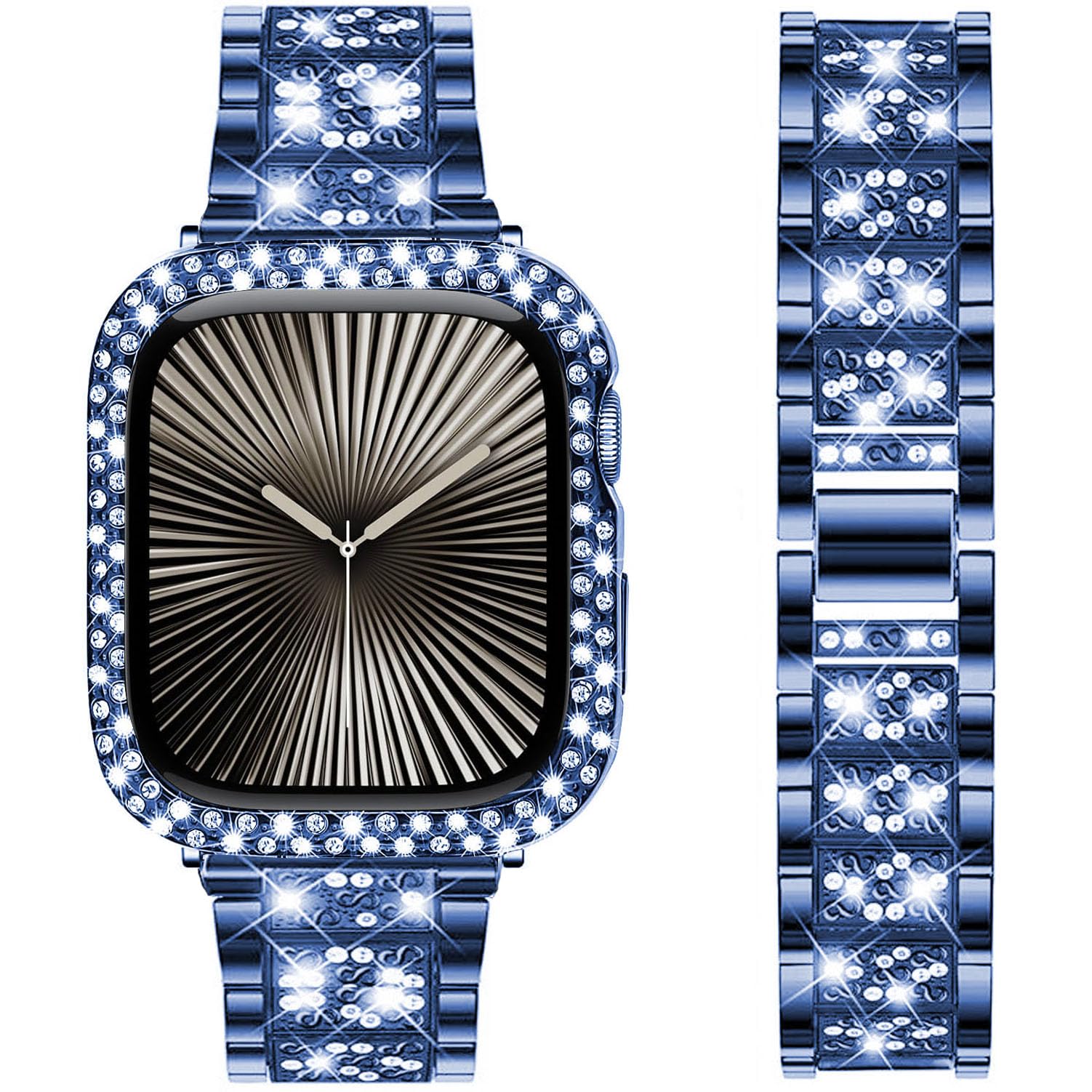 DEALELE Bands and Case Compatible with Apple Watch Series 9/8 / 7 (41mm), Bling S-Texture Diamond Metal Strap with Protective Case Cover Replacement for iWatch 41mm Women Men (Blue)
