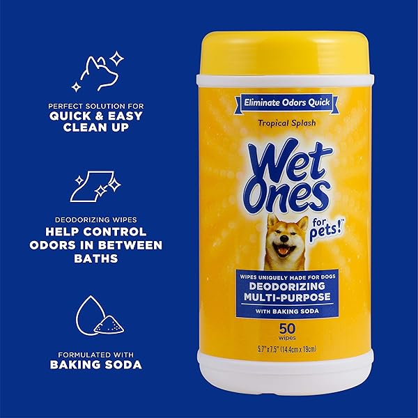 WET ONES FOR PETS DEODORIZING MULTIPURPOSE DOG WIPES WITH BAKING SODA, TROPICAL SPLASH SCENT – DESMELLIZING WIPES FOR DOGS IN CANISTER, 50 COUNT