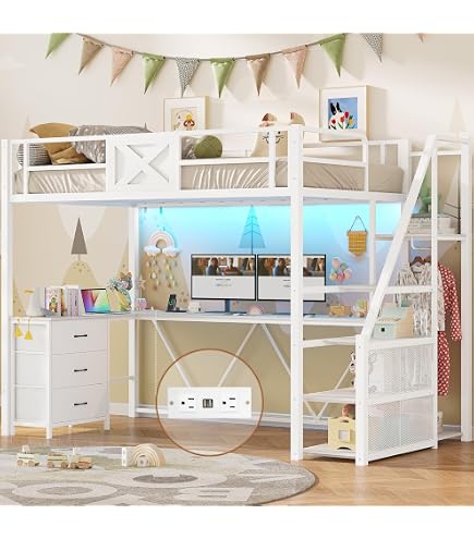 Cama Alta Con Escritorio En L Y Estante - 90x200 Cm, Estructura De Metal Blanca, Capacidad 120 Kg - Ideal Para Niños (desde 6 Años), Adolescentes O Ahorrar Espacio - Sin Colchón
