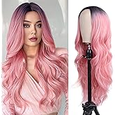 Aida ble Long Ombre Pink Wavy Wig for Women -26inch Middle Part Long Pink Curly Wavy Wig with Dark Roots Heat Resistant Synthetic Hair Looking Natural, Fiber Wig for Daily Party Use