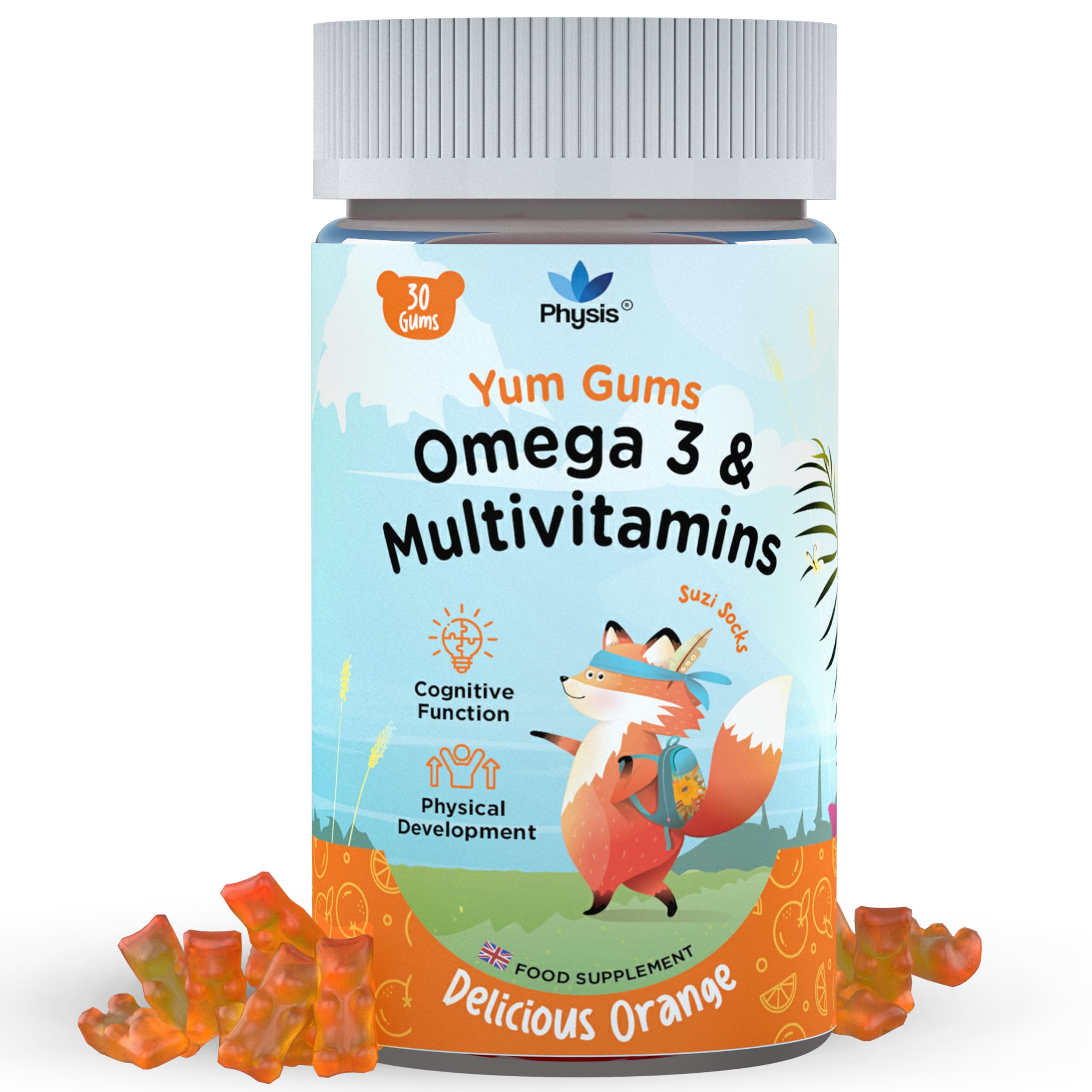 Physis Kids Multivitamin Omega Gummies | Ages 2+ | 30 Orange Flavour Chewable with Vitamins C, D, Omega 3 & More | Kids Vitamins Chewies for Cognition, Energy & Growth | Children's Multivitamins