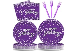 Wiooffen 96PCS Purple Silver Birthday Paper Plates and Napkins Party Supplies Happy Birthday Party Decorations Disposable Birthday Party Tableware Dinnerware Set for Women Men Birthday Serve 24 Guests