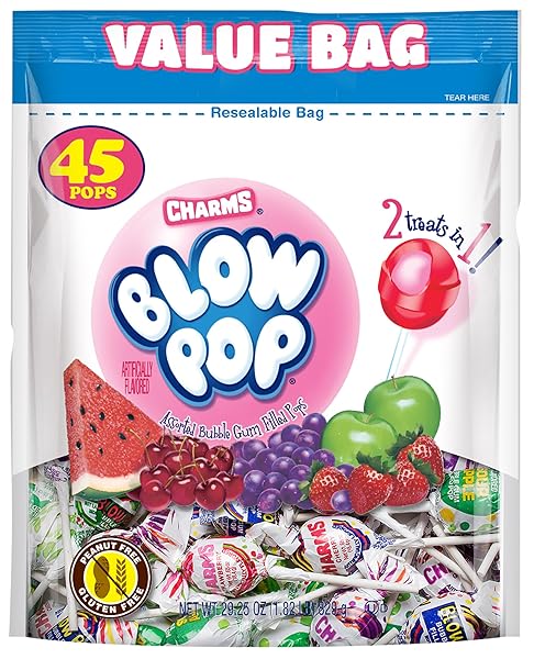 CHARMS BLOW POP LOLLIPOPS – INDIVIDUALLY WRAPPED DUAL CANDY AND GUM SUCKERS – PEANUT FREE, GLUTEN FREE – BULK TREAT FOR KIDS AND ADULTS – ASSORTED FLAVORS, 45 COUNT (29.25 OZ.)